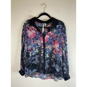 Lauren Conrad Sheer Long Sleeve Top Bright Night Floral Size L NWT